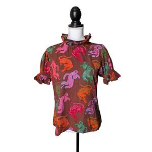 Fox & Hen Brown Dot Animal Print Ruffle Neck Short Sleeve Blouse Size Small